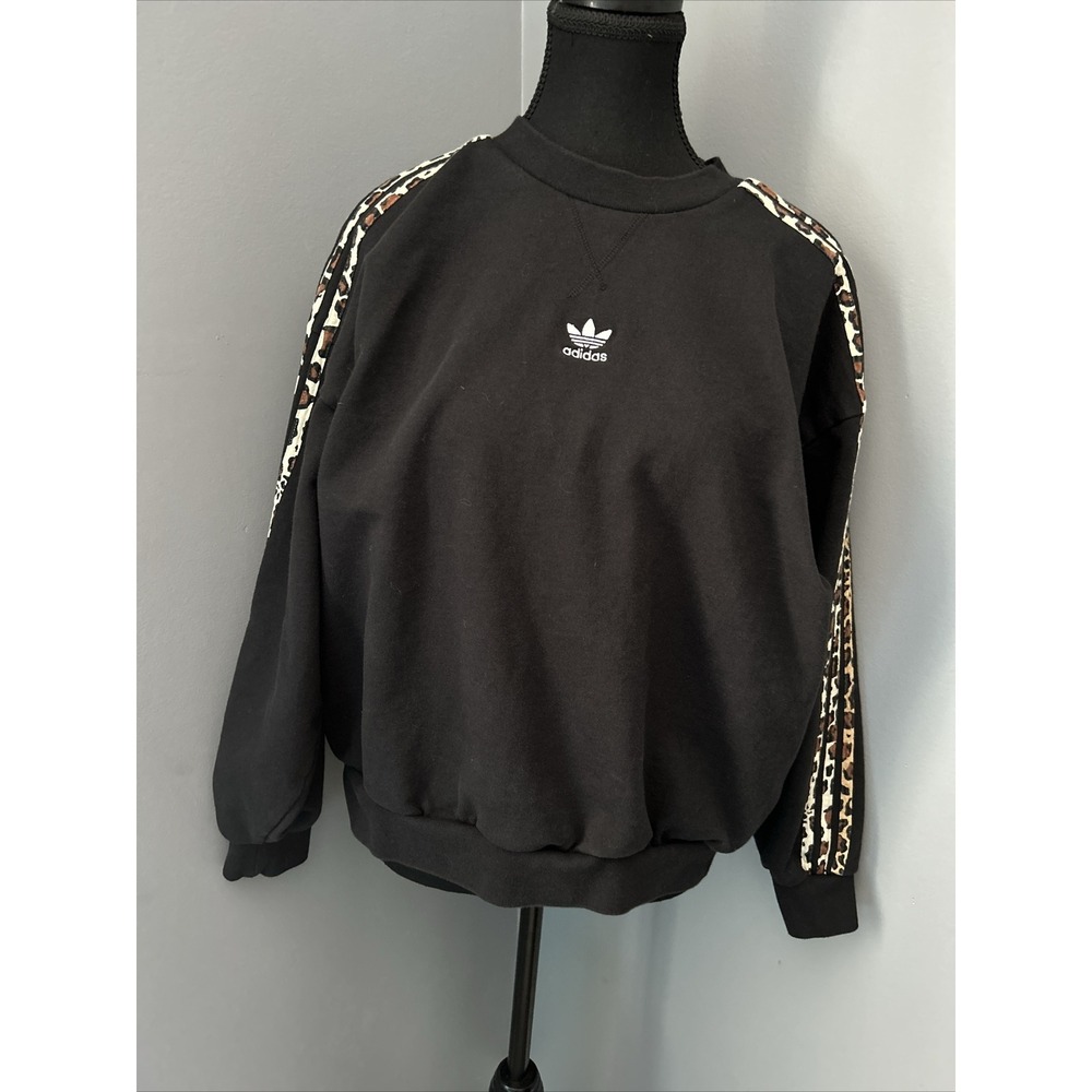 Adidas Womens Logo Cheetah Sweatshirt Oversized XS Black Crewneck Pullover Loose